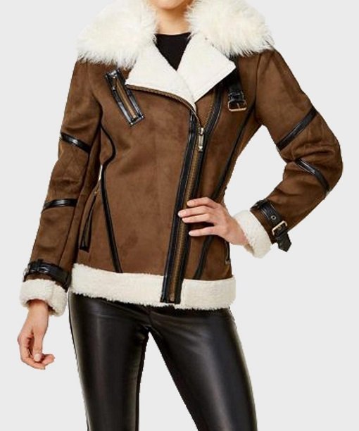 Women's Faux Fur Shearling Cuffs Leather Jacket