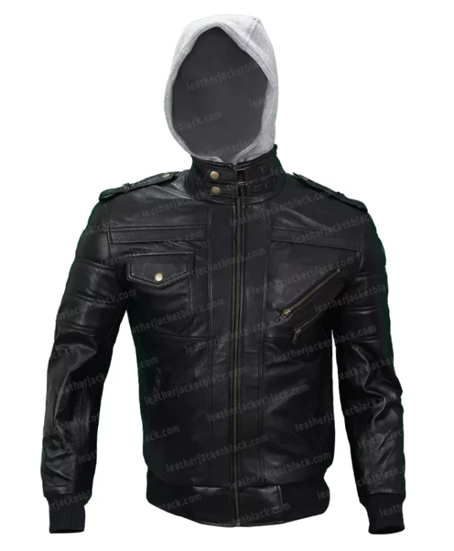 Mens Genuine Leather Bomber Biker Hood Jacket Front
