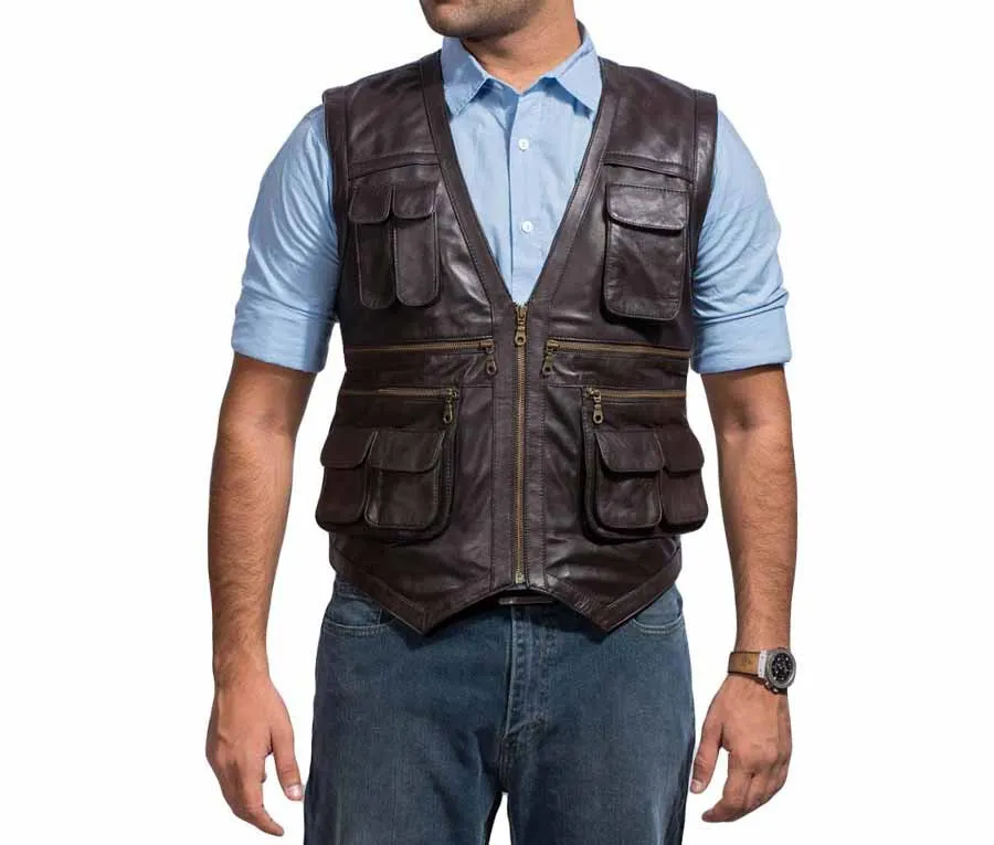Chris Pratt Jurassic World Leather Brown Utility Vest front