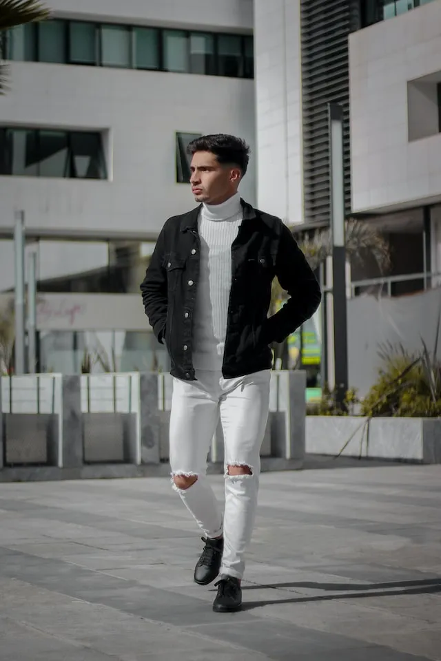 Black Denim Jacket with White Jeans and  T-Shirt