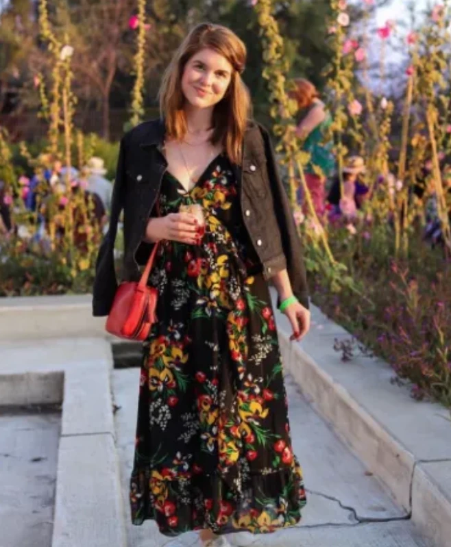 Black Denim Jacket and Printed Dress