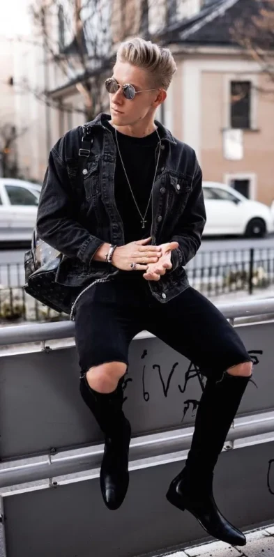 Black Denim Jacket and T-Shirt Black Pants