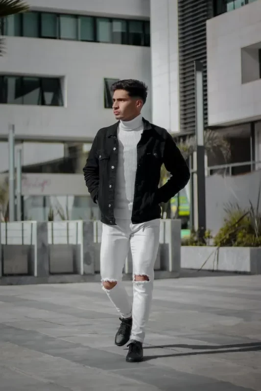 Black Denim Jacket and White Jeans or T-Shirt