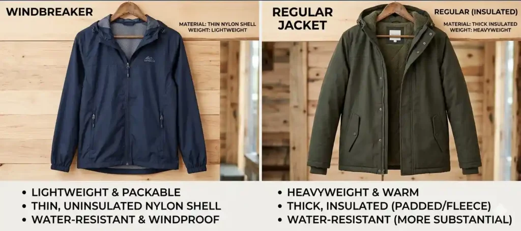 Image shows basic difference between a Windbreaker vs Regular Jackets
