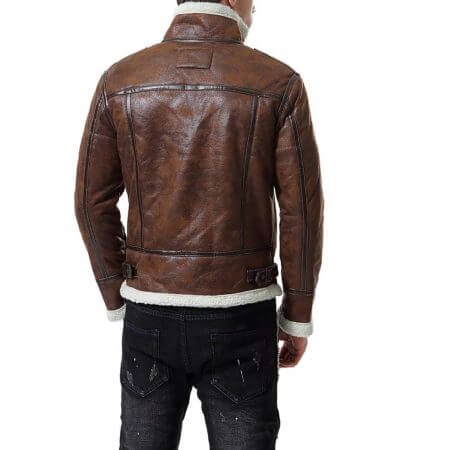 Distress Brown Faux Fur Jacket Men’s Motorcycle Bomber4