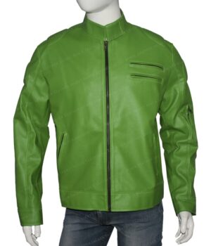 Men Green Regular Fit Part Wear Leather Jacket