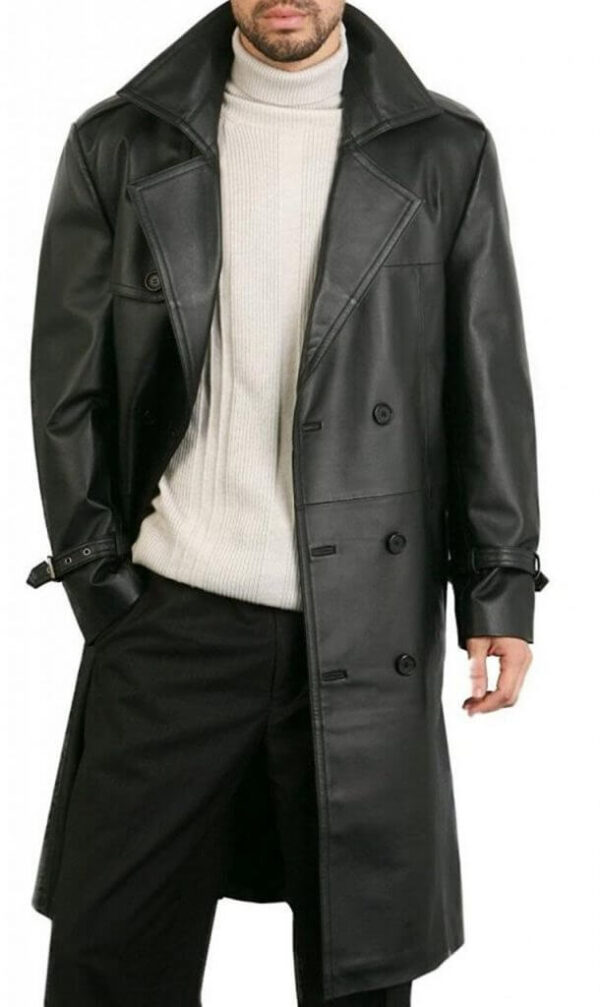 Pure Faux Leather Overcoat Black Biker Style Double Breasted Augusta Guys3