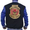 Mens Suicide Squad El Diablo Varsity Blue Wool Jacket with Faux Leather Sleeves Back