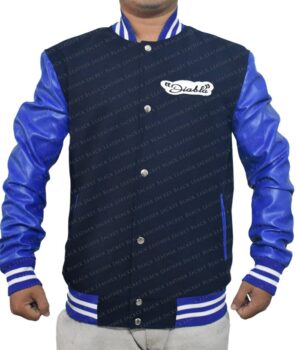 Mens Suicide Squad El Diablo Varsity Blue Wool Jacket with Faux Leather Sleeves Sleeves