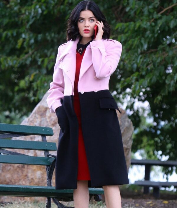 Lucy Hale Katy Keene Pink and Black Coat