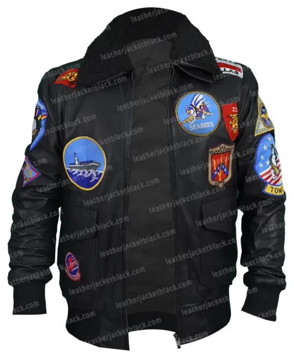Maverick Top Gun Tom Cruise Flight Bomber Leather Jacket front open zip