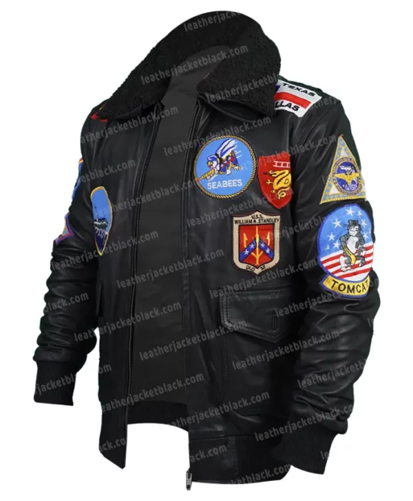 Maverick Top Gun Tom Cruise Flight Bomber Leather Jacket left side open zip