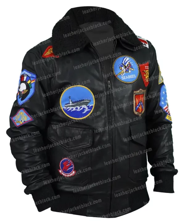 Maverick Top Gun Tom Cruise Flight Bomber Leather Jacket right side close zip