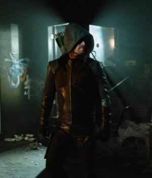 Oliver Queen Green Leather hooded Jacket