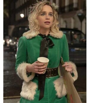 Last Christmas Emilia Clarke Green Velvet Jacket with Fur Collar