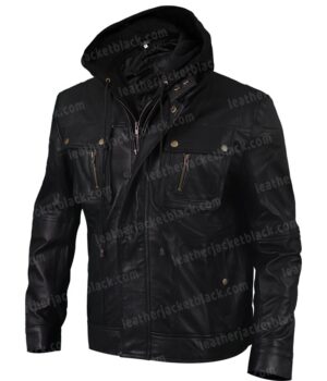 Mens Brando Biker Leather Jacket With Hood