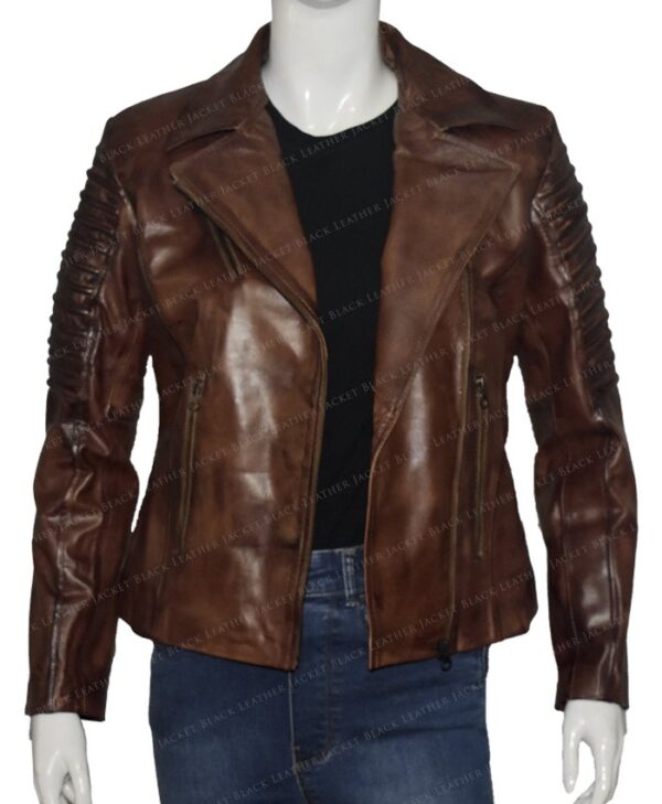 Slim Fit Waxed Brown Women Real Leather Biker Jacket