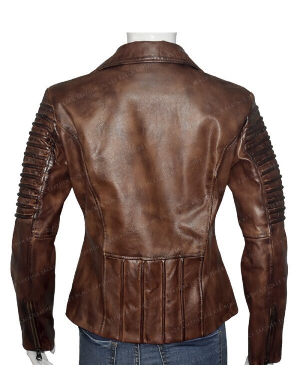 Slim Fit Waxed Brown Women Real Leather Biker Jacket Back