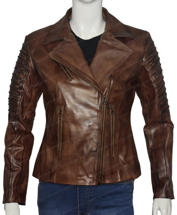 Slim Fit Waxed Brown Women Real Leather Biker Jacket Front Look