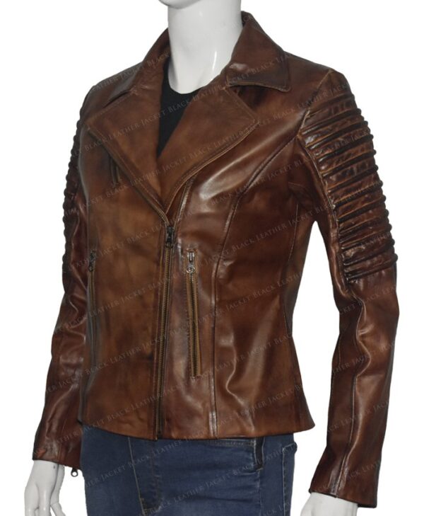 Slim Fit Waxed Brown Women Real Leather Biker Jacket Left