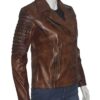 Slim Fit Waxed Brown Women Real Leather Biker Jacket Right