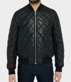 Mens Quilted Black Bomber Leather Jacket