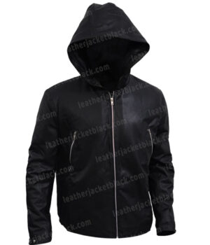 Power Tommy Egan Black Leather Hooded Jacket Front