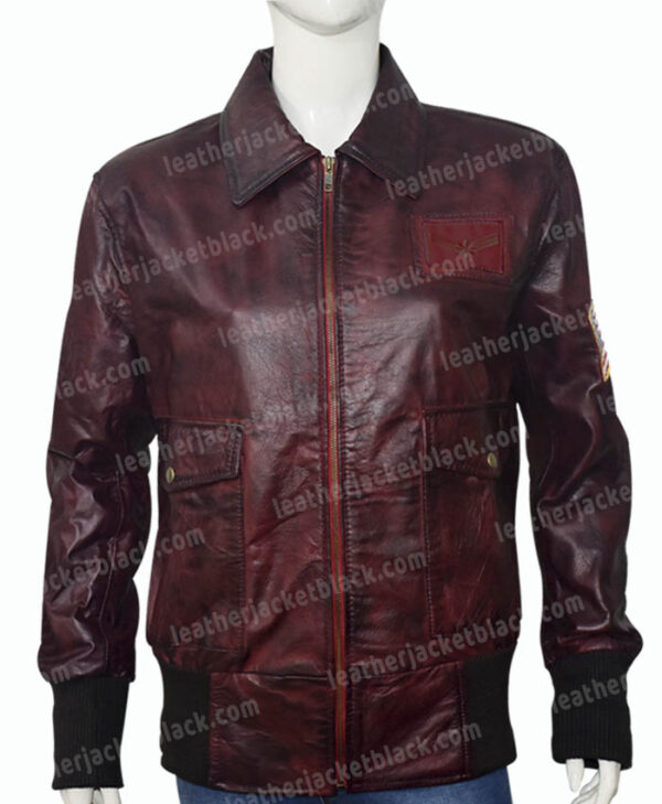 Captain Marvel Brown Leather Jacket Front