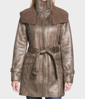 Faux Shearling Mid-Length Womens Duster Leather Coat
