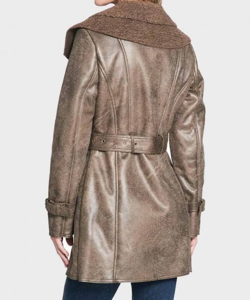 Faux Shearling Mid-Length Womens Duster Leather Coat Back