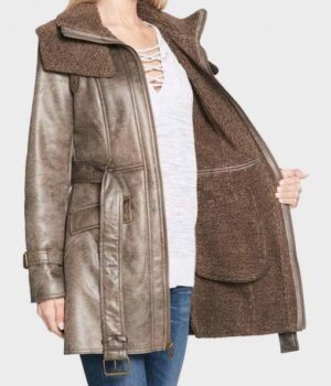 Faux Shearling Mid-Length Womens Duster Leather Coat Side