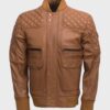 Men’s Quilted Tan Brown Rib-Knit Leather Jacket