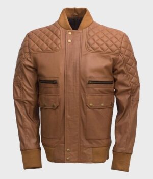 Men’s Quilted Tan Brown Rib-Knit Leather Jacket
