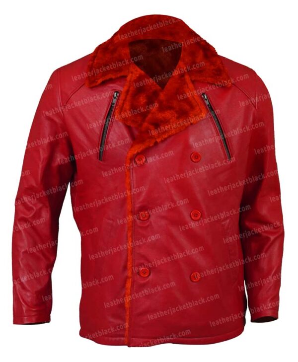 Men’s Shearling Collar Red Sheepskin Leather Jacket Front