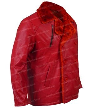 Men’s Shearling Collar Red Sheepskin Leather Jacket Side