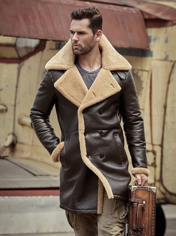 Mens B-3 Shearling Tom Hardy Brown Leather Coat | Black Leather Jacket