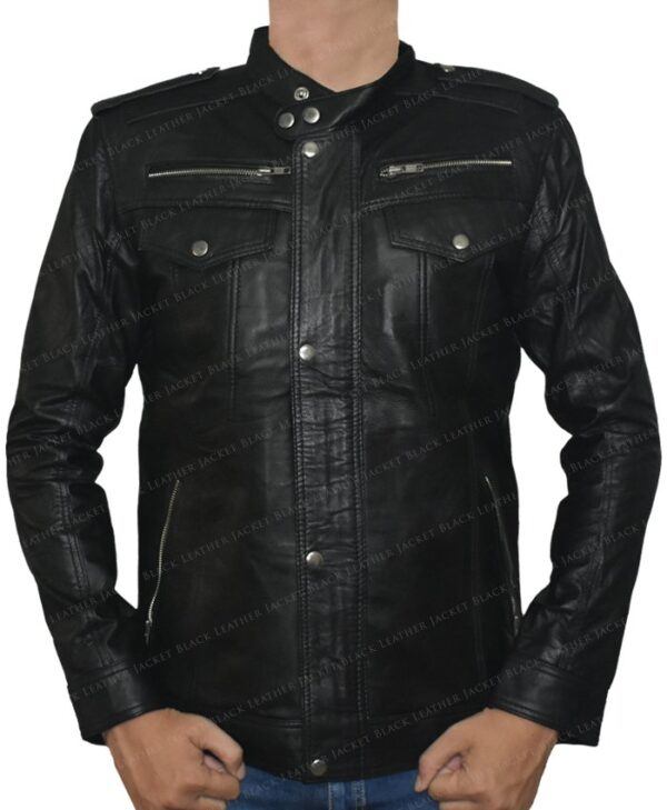 Men's Real Leather Black With Chest Pockets Biker Jacket
