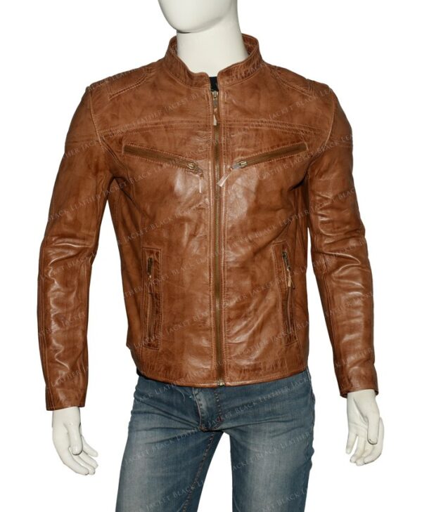 Mens Fitted Tan Brown Real Leather Biker Jacket Front