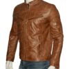 Mens Fitted Tan Brown Real Leather Biker Jacket Left