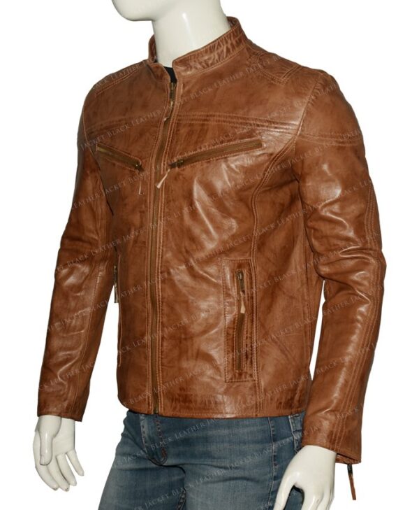 Mens Fitted Tan Brown Real Leather Biker Jacket Left