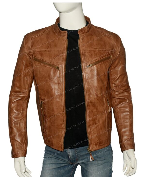 Mens Fitted Tan Brown Real Leather Biker Jacket Open