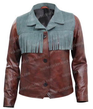 Sex Education Maeve Wiley Fringe Real Leather Jacket Front