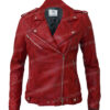 Women's Lambskin Leather Red Negan Moto Biker Jacket Front