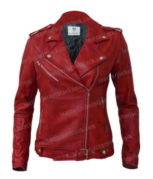 Women's Lambskin Leather Red Negan Moto Biker Jacket Front