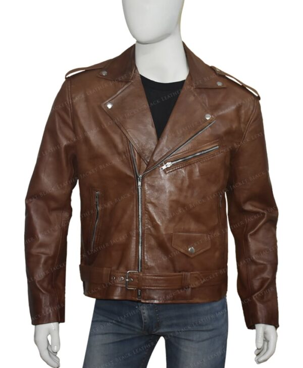 Men's Brown Brando Style Biker Jacket Front