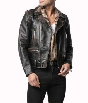 Dynasty S04 Sam Flores Black Distressed Leather Biker Jacket Front