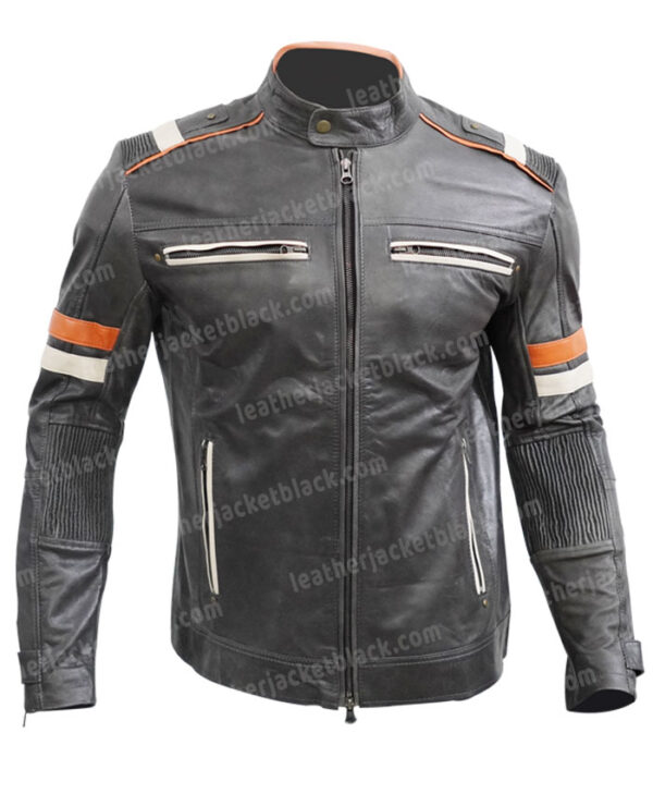 Men’s Cafe Racer Biker Motorcycle Distress Black Leather Jacket Front
