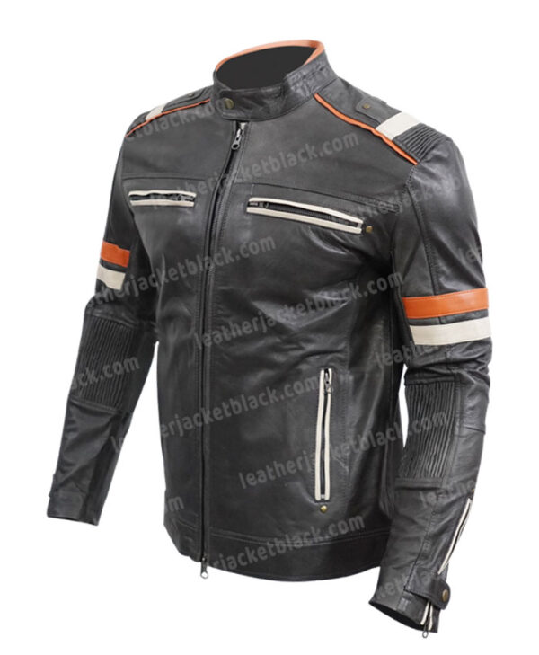 Men’s Cafe Racer Biker Motorcycle Distress Black Leather Jacket Side