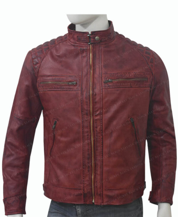 Men's Cafe Racer Distressed Maroon Leather Jacket Front