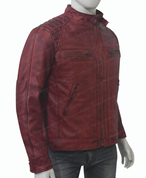 Men's Cafe Racer Distressed Maroon Leather Jacket Left Side